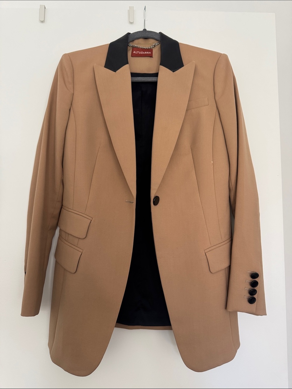 Camel blazer with black leather lapel